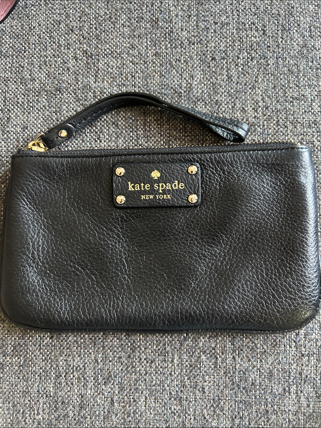 Kate Spade Black Leather Wristlet With Gold Logo Plate